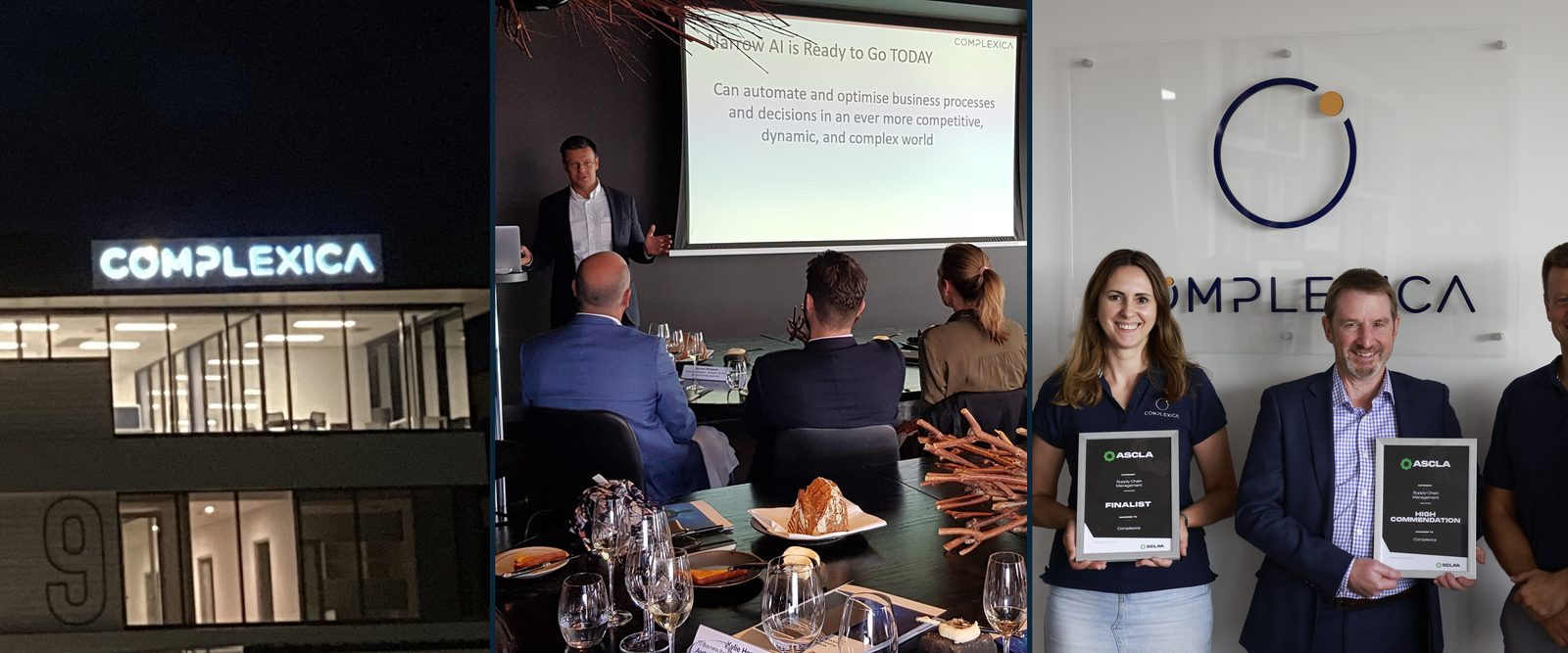 Complexica's head office at West Lakes, a Complexica client briefing, and Complexica staff in the office