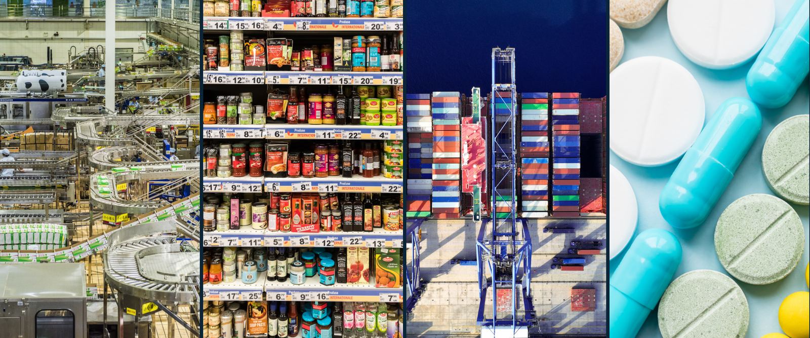 Manufacturing line, supermarket shelves, container port and pharmaceuticals