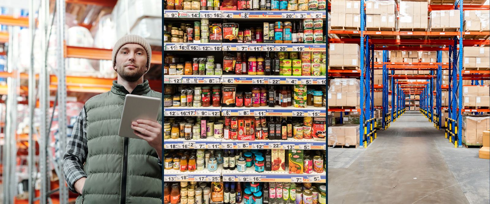 Sales rep with a tablet, supermarket shelves and a distribution warehouse